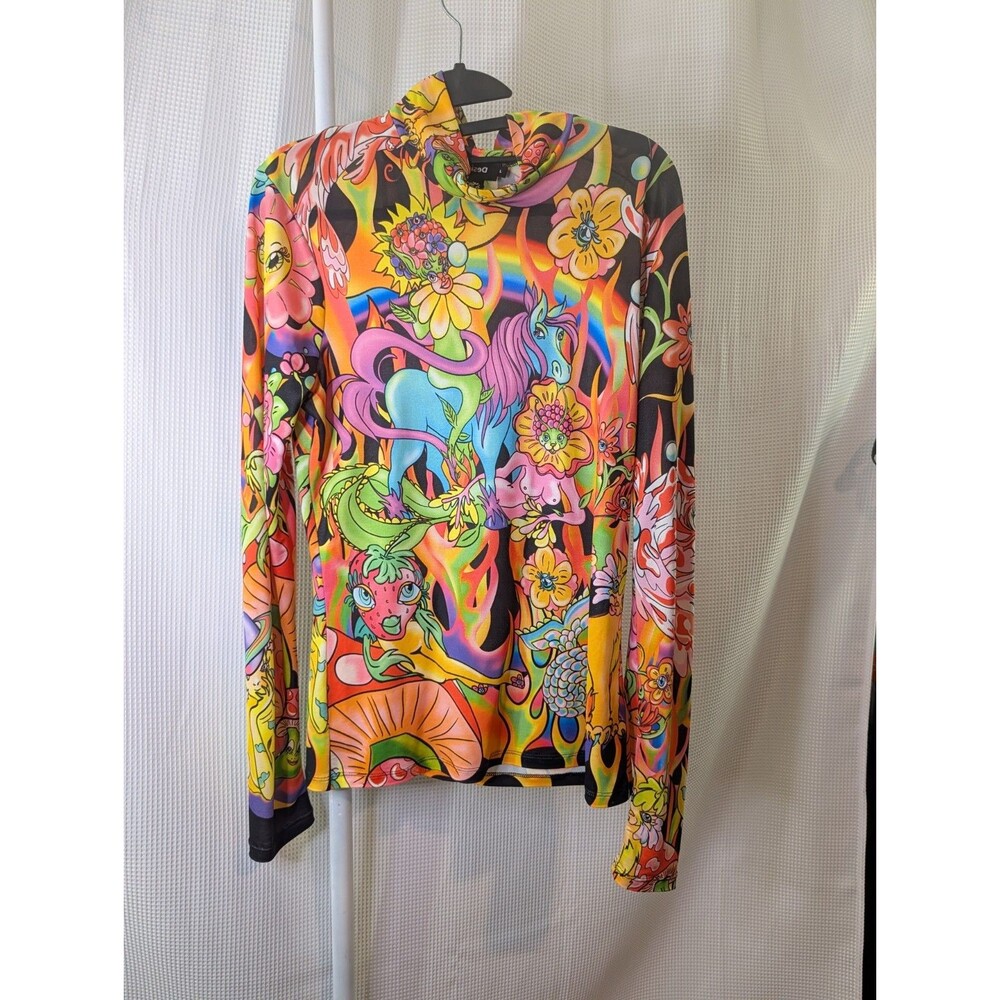 Desigual Womens Mesh Top Maria Escoté Mock Neck Multicolor Graffiti Graphic 0105 - Picture 2 of 7